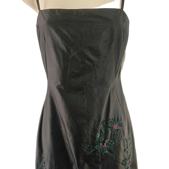 90s French Connection Black Silk Sheath Sz 4 Spaghetti Strap Green Beading NWT - Picture 1 of 7